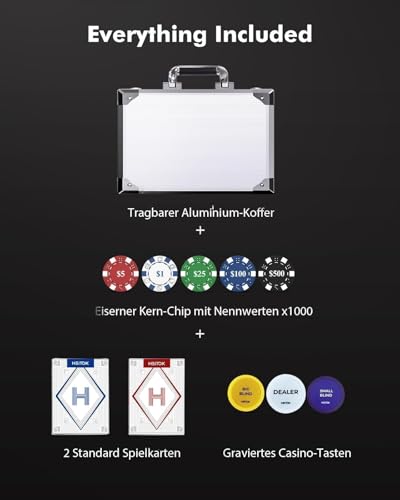 HEITOK Poker Chips 1000 Chips Set with Denominations, 11.5g Weighted Numbered Casino Chips Set, 2 Decks with Compact Aluminum Case for Texas Hold'em, Blackjack Chips | 2-20 players, numbered values 1/5/25/100/500, aluminum case, cards, dice, dealer/small/