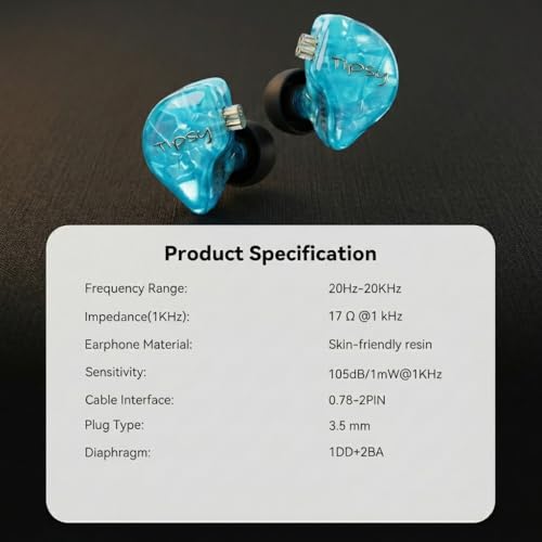 Tipsy M3 Professional IEM for Musicians, 2BA + 1DD Drivers, 36dB PNC, IPX5, Acoustic-Runway™ Technology, Skin-Friendly Resin, Detachable 0.78mm 2-pin Cable (B-Blue) - color: B-Blue