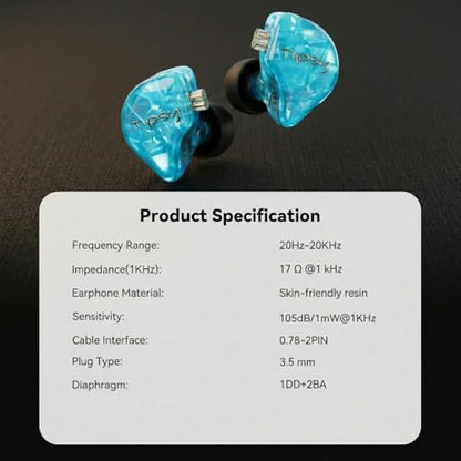 Tipsy M3 Professional IEM for Musicians, 2BA + 1DD Drivers, 36dB PNC, IPX5, Acoustic-Runway™ Technology, Skin-Friendly Resin, Detachable 0.78mm 2-pin Cable (B-Blue) - color: B-Blue