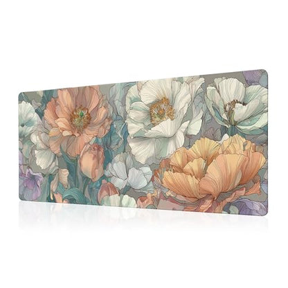 Japanese Floral Mouse Pad Abstract Boho Mouse Pad 31.5x11.8 Inch Aesthetic Flower Texture Non-Slip Rubber Base Large Mousepad Stitched Edges Keyboard Mouse Mat Desk Pad for Office and Home - color: Floral