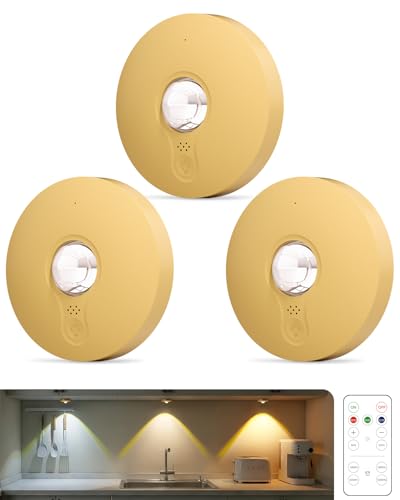 Rechargeable Puck Lights with Remote Control, 1500mAh Battery Operated Tap Lights, Dimmer & Timer Under Cabinet, Wireless LED Stick-On for Closet, Bedroom, Kitchen - Gold 3Pcs - color: Gold