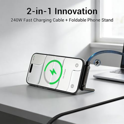 3 Pack Invisible Holder Charger Cable, 240W PD Fast Charging Cable for Desk, USB-C to USB-C & Light-ning Cable 4.9 FT with 360° Adjustable Metal Stand, 2 in 1 Holder Charger for Gaming, Office, Home - size: 3PCS ( 2 C to C & 1 C to Lightning )