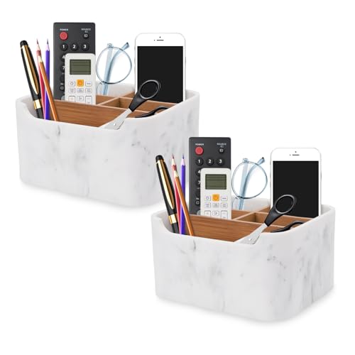 2 Pack Remote Control Holders, Desk Organizers with Dividers,White | Set of 2 resin and wood organizers with dividers for remotes, pens, glasses, and media devices on desk, table, or nightstand - color: MARBLE, size: 2 Pack