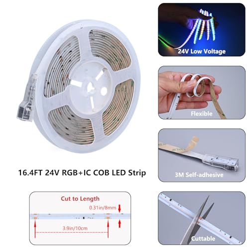 24V RGB+IC Addressable COB LED Strip Kit 16.4ft 360LEDs/M | WS2811 IC Addressable Music-Sync Dimmable Color Changing Multicolor RGB+NW LED Tape Kit for Bedroom Gaming Room Party Lights - color: RGB+IC