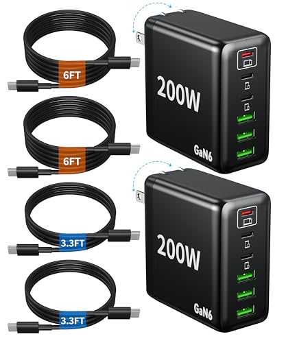 2 Pack USB C Charger Block, 200W GaN Super Fast Charger Type C Fast Charging 6 Port Foldable PD Charging Station for All Phone/Android Samsung Galaxy S25/S24/MacBook iPad - color: Black