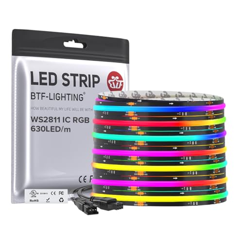 BTF-LIGHTING 24FT WS2811 Smart IC RGB DC24V FCOB COB LED Strip Light | UL Listed 630LEDs/m High Density Color Chasing Light 10mm Width Black PCB for Home DIY Lighting(No Adapter or Controller) - color: Black PCB, size: 24FT