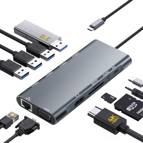 USB C Hub Multiport Adapter, 11 in 1 USB C Docking Station with 4K HDMI, 1080P VGA, 100W PD, USB 3.0, RJ45 Ethernet, TF/SD Card Reader, 3.5mm Audio, USBC Dongle for MacBook Pro/Air, Windows, Laptops - size: 11 IN 1 USB C Hub