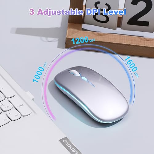 Wireless Bluetooth Mouse, Rechargeable Computer Mouse, Silver | Dual Mode - BT5.2 & 2.4G,Long Lasting,Silent RGB LED Mice,Slim Portable Mouse for Laptop,PC,Tablet,MacBook,iPad,Apple Devices - color: Silver