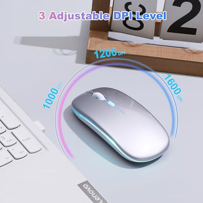 Wireless Bluetooth Mouse, Rechargeable Computer Mouse, Silver | Dual Mode - BT5.2 & 2.4G,Long Lasting,Silent RGB LED Mice,Slim Portable Mouse for Laptop,PC,Tablet,MacBook,iPad,Apple Devices - color: Silver