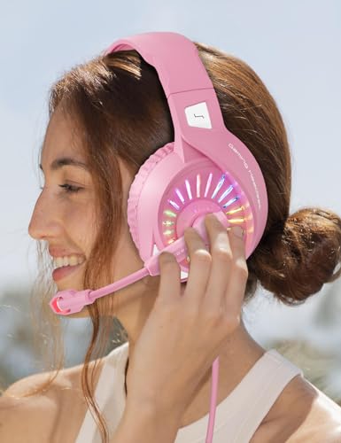 ZIUMIER Wired Pink Gaming Headset for PC, PS5, PS4, Xbox Series X|S | Noise Canceling Microphone, LED RGB Light, 50mm Driver, 3.5mm Audio Jack, Soft Memory Foam, Multi-Platform Headphones - color: Pink