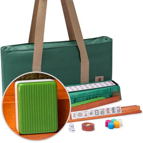 Yellow Mountain Imports American Mahjong Set, Huntington with 166 Melamine Mahjong Tiles, Mineral Green Soft Case - 4 All-in-One Racks with Pushers, Scoring Coins, Dice, and Wind Indicator - color: Green