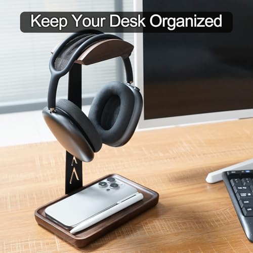 GEVO Headphone Stand, Walnut Wood Headset Stand with Controller Holder, Headphones Holder for Gaming, Office and Desk Compatible with AirPods Max, Bose, Sennheiser, Corsair