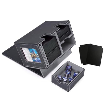 Venssu MTG Deck Box for Commander Display with Dice Tray (Black＆Grey) | Holds 200 Single/160 Double-Sleeved Cards, Fit MTG/PTCG/OPTCG Cards, Strong Magnet, With 2 Dividers & 1 Magnetic Card Holder - color: Black＆Grey