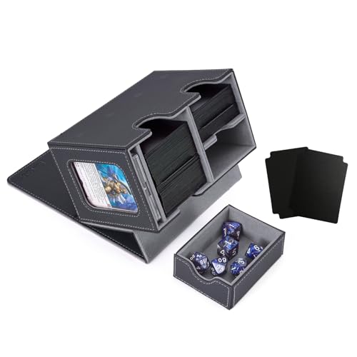MTG Deck Box for Commander Display with Dice Tray (Black＆Grey) | Holds 200 Single/160 Double-Sleeved Cards, Fit MTG/PTCG/OPTCG Cards, Strong Magnet, With 2 Dividers & 1 Magnetic Card Holder - color: Black＆Grey