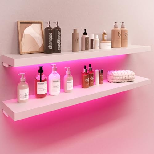 BAMEOS RGB LED Floating Shelves for Wall, 35" Wall Mounted Wooden Shelves with Invisible Brackets, Set of 2, Hanging Wall Shelves for Bedroom, Living Room, Kitchen, Study (White) - color: White-rgb, size: 35 x 7
