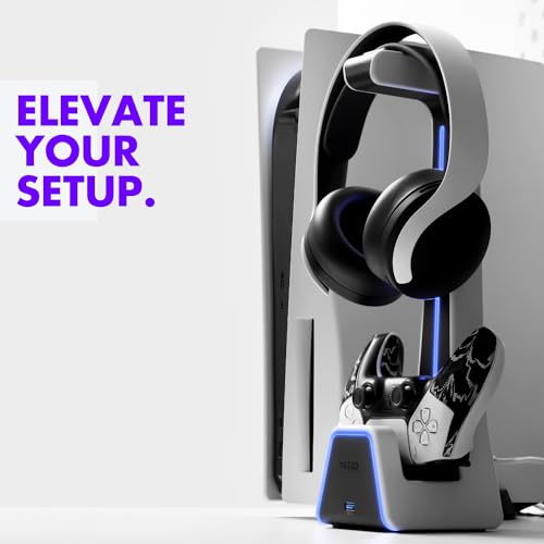 Tilted Nation Gaming Headset and Controller Stand | Premium PS5 Accessories (Clean Space with Charging Station) Headphone and Controller Holder for Desk, PlayStation 5, Xbox Game, - color: White