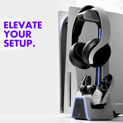 Gaming Headset and Controller Stand | Premium PS5 Accessories (Clean Space with Charging Station) Headphone and Controller Holder for Desk, PlayStation 5, Xbox Game, - color: White