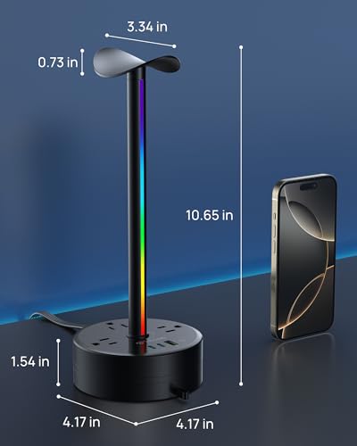 TROND Headphone Stand with PD 20W USB C Charger, RGB Gaming Headset Holder with 3 AC Outlets Extension, 5ft Retractable Power Strip Suitable for Gamer Desktop Table Game Earphone Accessories Gift
