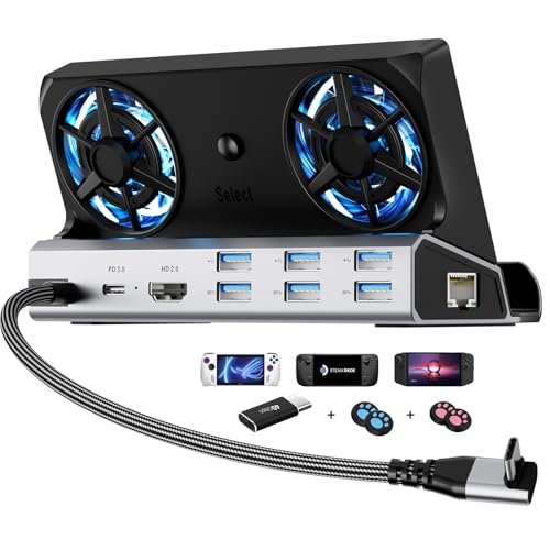 YCE 12-in-1 for ROG Ally X/Ally/Steam Deck Dock/Legion Go, RGB Cooling Fan | 4K@60Hz, Gigabit Ethernet, 100W PD, 3x USB 3.0 – for Steam Deck OLED, Switch 2, Go S, MSI Claw - color: 12-in-1 Dual Cooling Fan