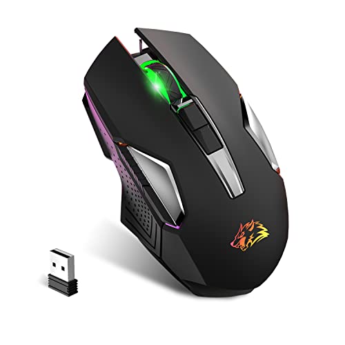FELICON Wrieless Gaming Mouse, Silent Rechargeable Optical Sensor 3 Level DPI Computer Mice, Computer Wrieless Mouse with 7 Color LED Light for Windows/Mac/Linux/PC/Laptop(Black) - color: Black