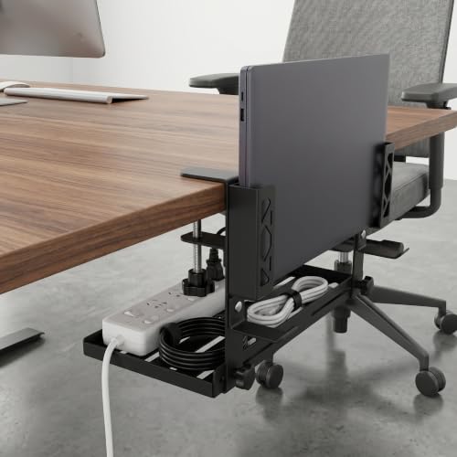 Loscarol Adjustable Under Desk Laptop Holder, Laptop Holder with Cable Management Tray, Desk Side Storage, Under Desk Laptop Mount, Laptop Holder with Cable Management Tray for Gaming, Office, Home