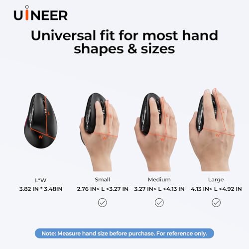 Uineer Vertical Ergonomic Mouse, Wireless Bluetooth Mouse, 3-Device | Switch among 3 devices via dual Bluetooth and 2.4G; rechargeable with 7-color ambient lighting.