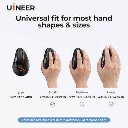 Uineer Vertical Ergonomic Mouse, Wireless Bluetooth Mouse, 3-Device | Switch among 3 devices via dual Bluetooth and 2.4G; rechargeable with 7-color ambient lighting.