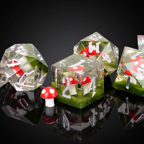 Cusdie Sharp Edge DND Dice, 7 PCs Red Mushroom Dice Set D&D D20 D12 D10 D8 D6 D4, Handcrafted Polyhedral Dice Set for RPG and Other Table Games(Red Mushroom) - color: Red Mushroom