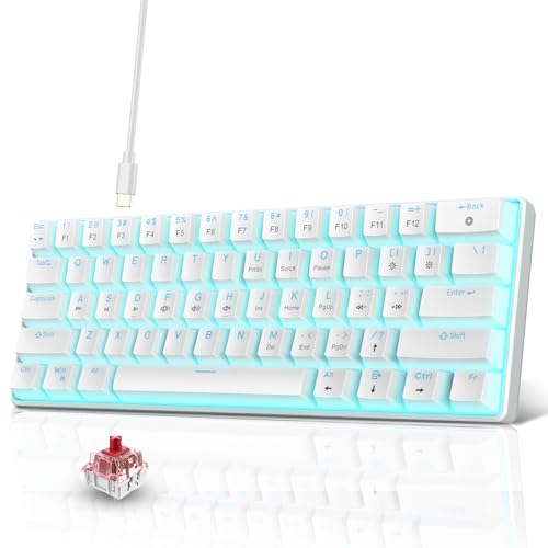 Snpurdiri Portable 60% Mechanical Gaming Keyboard (White,Red Switches) | Ice Blue LED Backlit 61 Keys Mini Wired Office Keyboard for Windows Laptop PC Mac - color: White(Ice Blue Light)/Red Switch
