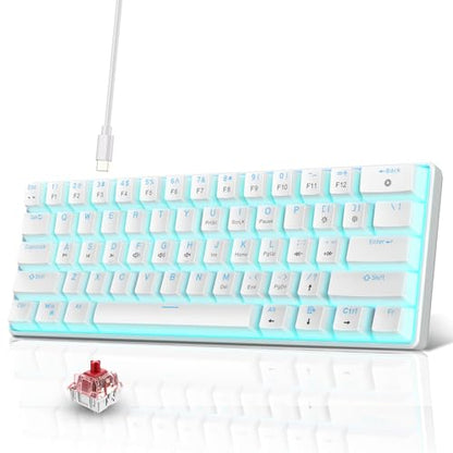 Snpurdiri Portable 60% Mechanical Gaming Keyboard (White,Red Switches) | Ice Blue LED Backlit 61 Keys Mini Wired Office Keyboard for Windows Laptop PC Mac - color: White(Ice Blue Light)/Red Switch