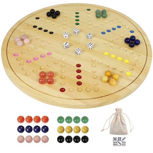 HOROW Wahoo Board Game - 20 Inch Solid Wood Board with 24 Natural Gemstone Marbles & 6 Dice，Double-Sided for 4 and 6 Players - Perfect for Family Game Nights and Parties - color: Log