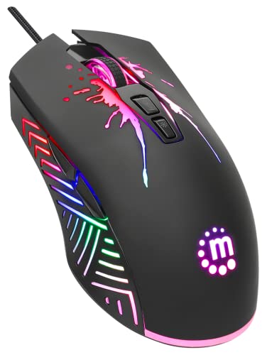 MANHATTAN RGB LED Wired Optical USB Gaming Mouse - 7200 DPI, Ergonomic Shape, 7 Buttons, Color-Changing LEDs, Low-Friction Base, Computer Mouse for Laptop, Extra-Long Braided Cable - 190121 | DPI USB pointer with seven controls, RGB lighting, smooth glide