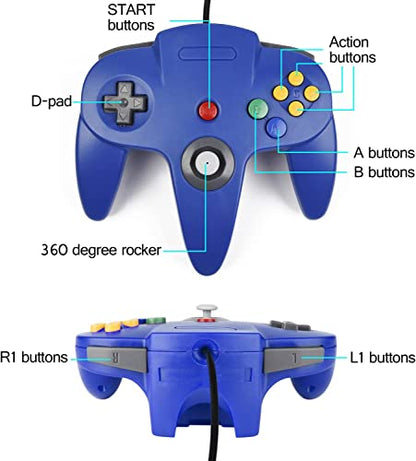 2 Pack Classic N64 Controller, miadore N64 Wired USB PC Game pad Joystick, N64 Bit USB Wired Game Stick Joy pad Controller for Windows PC MAC Linux Raspberry Pi 3 Sega Genesis (Clear Green/Blue) - color: Clear Green/Blue