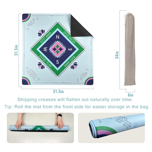 Mahjong Mat with Rules, 31.5" x 31.5" Non-Slip Noise Reduction Table Cover, American Mah Jongg Mat for Table with Carry Bag, Waterproof Gaming Surface for Poker, Card, Dominoes, Board & Tile Games - color: Blue Lotus