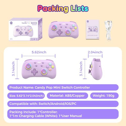 IINE Wireless Controller for Switch/PC/Android/IOS, Cute Gamepad with RGB Lights, Mini Pro Controller with Turbo/Macro/NFC Amiibo/Motion Sensor/Wake-Up/Rumble (Purple) - color: Purple