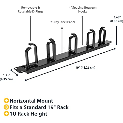 StarTech 1U 19in Rack Cable Management Panel, D-Ring, Metal (CABLMANAGER2) | Horizontal or vertical wire manager, 3in ABS plastic hooks spaced 4in, Fits 2 or 4-post racks - style: 1U Multi-Direction Rotating