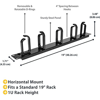 StarTech 1U 19in Rack Cable Management Panel, D-Ring, Metal (CABLMANAGER2) | Horizontal or vertical wire manager, 3in ABS plastic hooks spaced 4in, Fits 2 or 4-post racks - style: 1U Multi-Direction Rotating