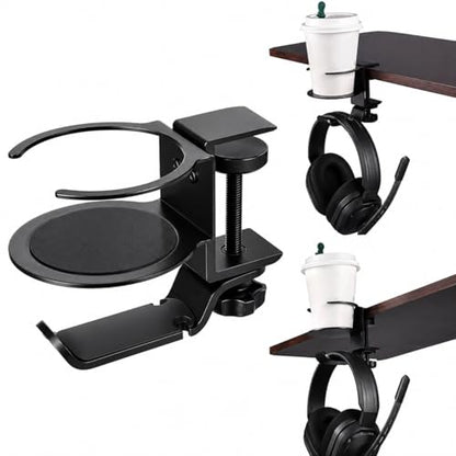 Foldable Aluminum Under Desk Headphone Hanger with Cup Holder, 2-in-1 Clamp-on Headset Stand & Drink Holder, Heavy Duty Gaming Headphone Hook for Office, Home, Gaming Desk - Black
