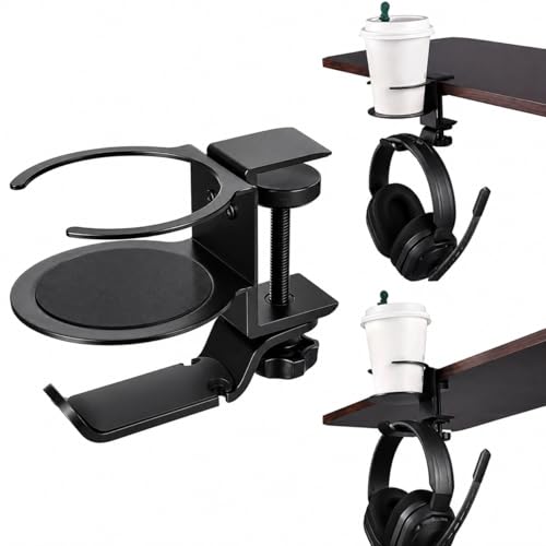 Foldable Aluminum Under Desk Headphone Hanger with Cup Holder, 2-in-1 Clamp-on Headset Stand & Drink Holder, Heavy Duty Gaming Headphone Hook for Office, Home, Gaming Desk - Black