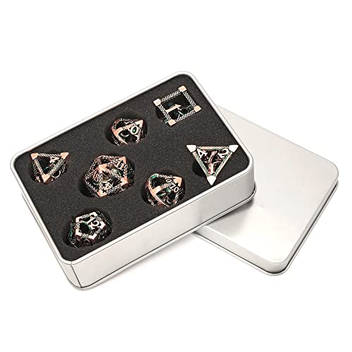 DND Dice Set Polyhedral, Metal Dice Set 7-piece(D20 D6 D4 D12 D10 D% D4) Cthulhu Design for Dungeons Dragons D&D Pathfinder and Other Tabletop Role-Playing Games - color: 3d Copper Green