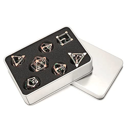 DND Dice Set Polyhedral, Metal Dice Set 7-piece(D20 D6 D4 D12 D10 D% D4) Cthulhu Design for Dungeons Dragons D&D Pathfinder and Other Tabletop Role-Playing Games - color: 3d Copper Green