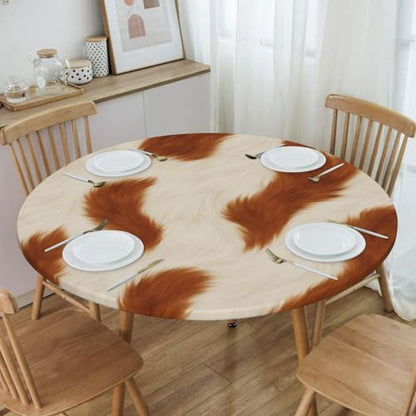 Famame Cow Brown Fur Skin Round Fitted Tablecloth with Elastic Protector Table Kitchen Dinner Waterproof Oil-Proof Table Covers Fits 40"-44", Small - color: Cow Brown Fur Skin, size: Small (40"-44")
