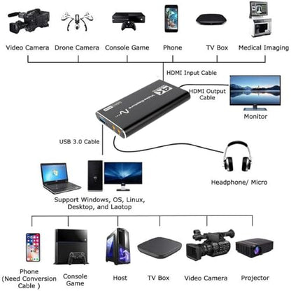 4K Audio Video Capture Device, HDMI to USB 3.0 4K Video Capture Card Game Capture Card USB 3.0,for Living Streaming Broadcasting