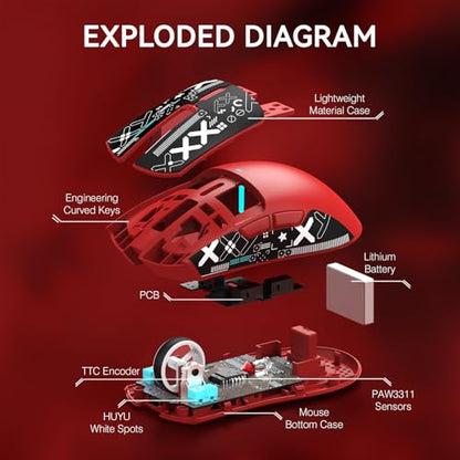 ATTACK SHARK X11 Wireless Gaming Mouse, PAW3311 Sensor, Lightweight, RGB Charging Dock, 22,000 DPI, Tri-Mode Connectivity, 5 Programmable Buttons, Grip Tape Included - Red - color: Red, size: Mouse and Anti-slip sticker