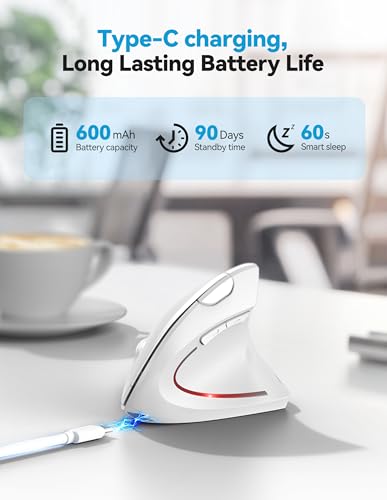 TECKNET Ergonomic Mouse Wireless, Rechargeable Vertical Mice Right Hand | Bluetooth+2.4GHz USB, Multi Device, 4800 DPI Adjustable, Optical Carpal Tunnel Mouse for Laptop, PC, Computer, MacBook, White - color: White