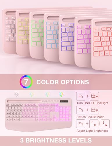 Wireless Keyboard and Mouse Combo, 9 Backlit Effects, RGB, 2.4GHz | Ergonomic Wrist Rest, Phone Holder, Rechargeable, Full Size, KM22 MAX Silent Set for Computer, Laptop, Mac, Windows (Pink) - color: Creamy Pink