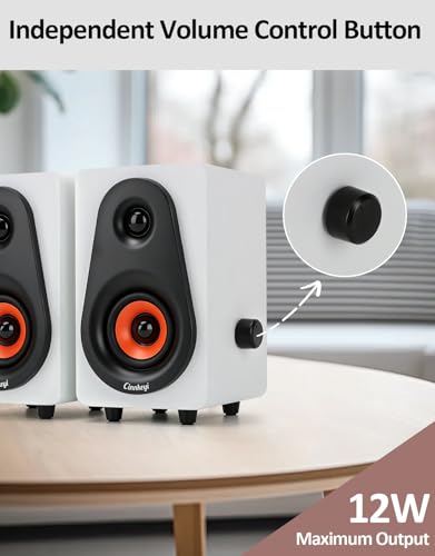 White Computer Speakers, White Wooden Desktop Speakers with Dual Diaphragms,12W USB High-Fidelity Stereo for PC, Laptop, Monitor, Tablet – USB Powered with Built-in Audio Output