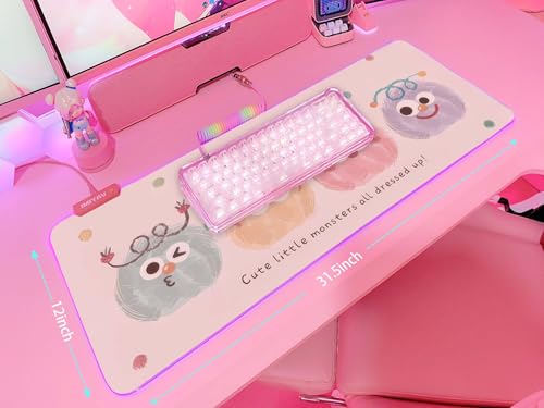 JMIYAV Pink RGB Gaming Mouse Pad 31.5x12 Inch Cute Mousepad PC XL Large Extended Glowing Led Light Up Desk Pad Non-Slip Rubber Base Computer Mat Desk Accessories Gaming Setup Party Puffs - color: Party Puffs