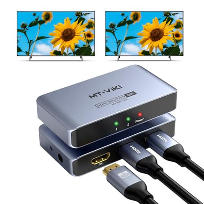 MT-VIKI 4K@120Hz HDMI Splitter 1 in 2 Out Aluminum HDMI Splitter 2.1, 8K@60Hz Duplicate/Mirror, 40Gbps, HDCP2.3, EDID (Non-bidirectional) - size: 8K 1 in 2 out