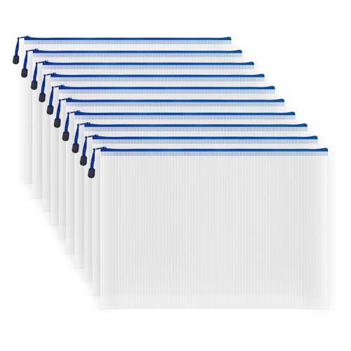 10 Pcs Zipper File Bags, Waterproof Plastic Mesh Pouch for Office School, Board Game Storage Bags (A3 Size 16.9''x12'', White and Blue) - color: White and Blue, size: A3 Size 16.9 x 12 inch